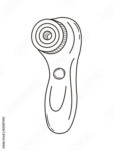Massage face brush outline drawing. Skin cleansing electric device. Facial peeling home tool. Line vector illustration