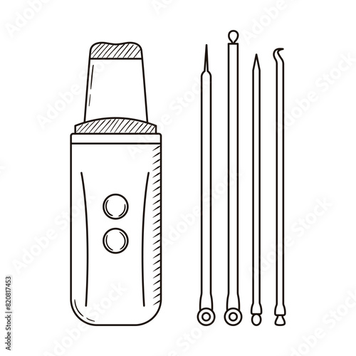 Cosmetology equipment for blackheads removing. Ultrasonic device and pore cleaning tools. Skincare and acne treatment concept. Black line vector illustration
