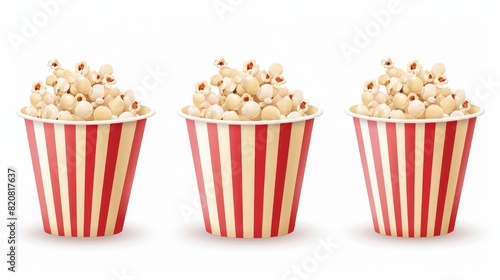 An illustration of popped corn flakes in red-and-white striped cardboard boxes isolated on white background. Salty or sweet in a cinema setting.