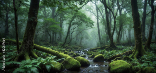 Lush green forest with fog and haze