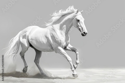 Majestic white horse running freely on sandy beach. Ideal for travel and animal themed designs