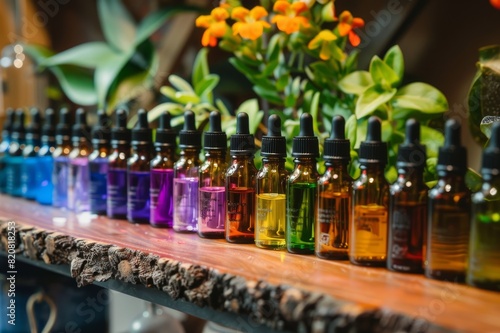 Essential oils on a rustic wooden shelf