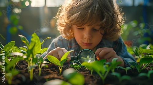 A young child using a magnifying glass to study plant growth in science class, showcasing the importance of detailed exploration and scientific curiosity during their early years. photo