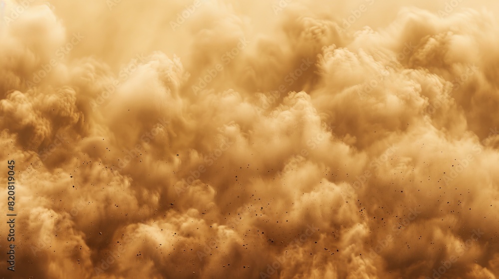 Naklejka premium 3D Illustration of brown dust border, smoke clouds, sandstorm and windstorm effects with flying dusty powder particles. 3D Illustration.