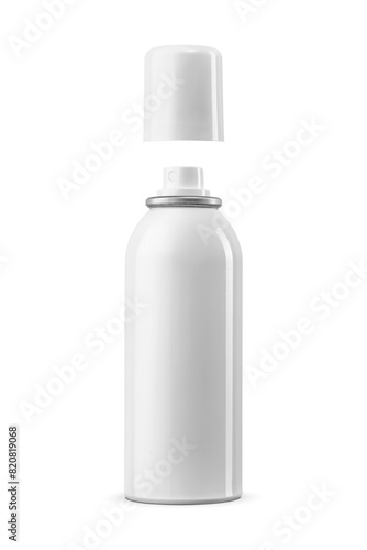 A white, empty aerosol spray dispenser isolated. The cap is detached and positioned above the bottle, Transparent PNG image.