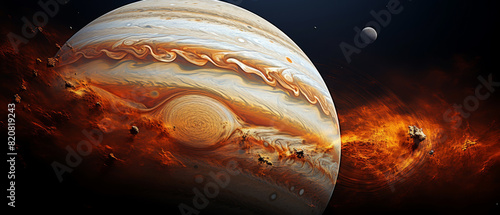 View of Jupiter with its Great Red Spot and surrounding moons photo