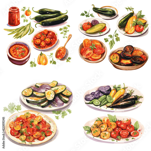 Fresh and grilled vegetables including zucchini, eggplant, and tomatoes served with a rich tomato sauce. A colorful and healthy Mediterranean dish for plant-based lovers.