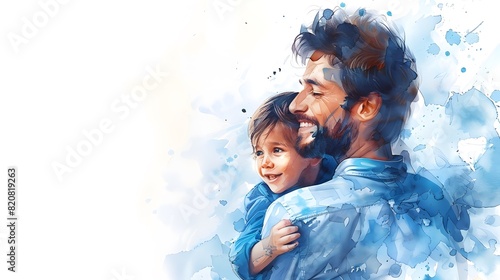Watercolor panting of father carrying his son on white background, copy space, Father's day love care parenthood concept