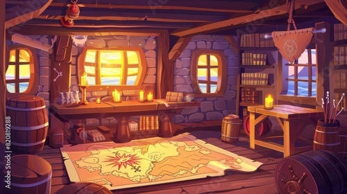 Pirate ship interior with table, barrels, candles, rum bottles and books on shelves, grobe and paper map. Modern cartoon illustration of an old pirate ship at sunset. photo