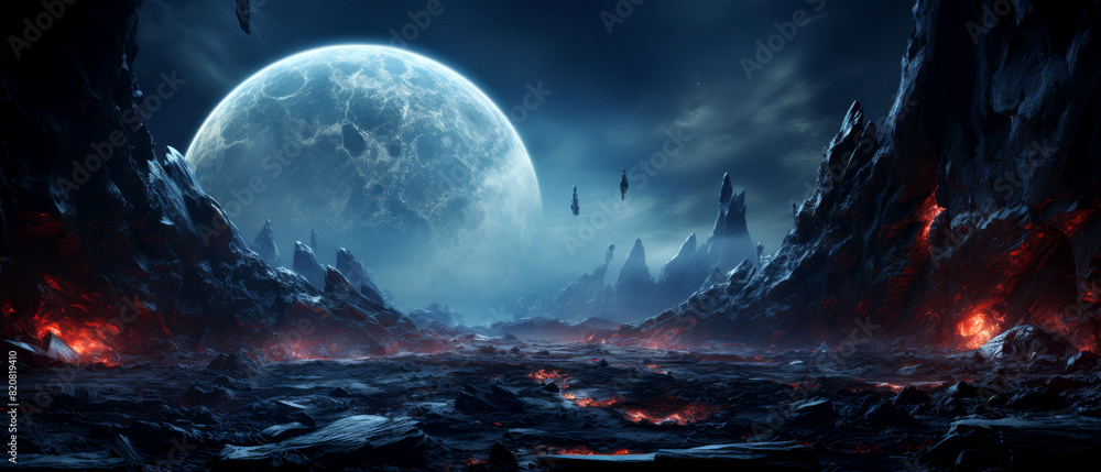 Frozen ice moon with cracked surface in outer space Frozen ice moon with cracked surface in outer space