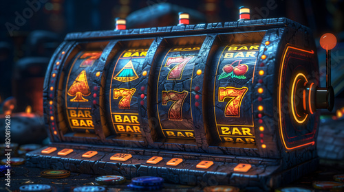 slot machine featuring classic lucky symbols like fruits, bars, and the number seven, set against a festive backdrop generative ai raster illustration.