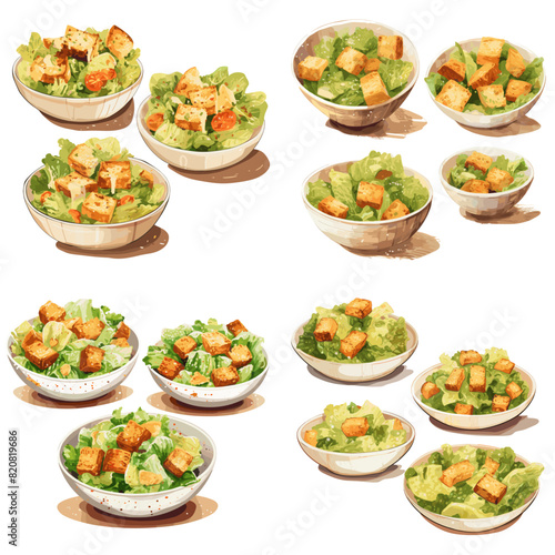 Bowl of tasty salad with Chinese cabbage, meat and bread croutons on white background, different sides.