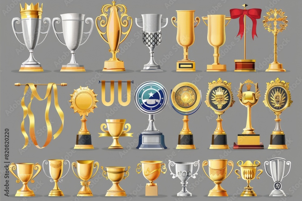 A collection of trophies and awards on a gray background. Perfect for recognizing achievements in various fields A collection of trophies and awards on a gray background. Perfect for recognizing achievements in various fields