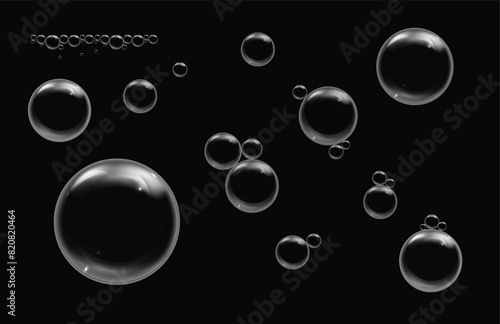 soap bubbles or isolated soda bubble vector on a black background, washing or wash foam