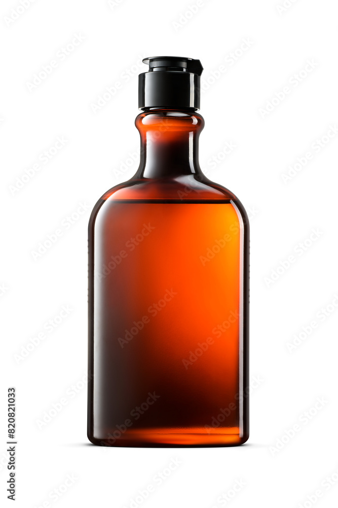 Hair shampoo in the blank amber brown plastic bottle with black cap isolated. Transparent PNG image. Hair shampoo in the blank amber brown plastic bottle with black cap isolated. Transparent PNG image.