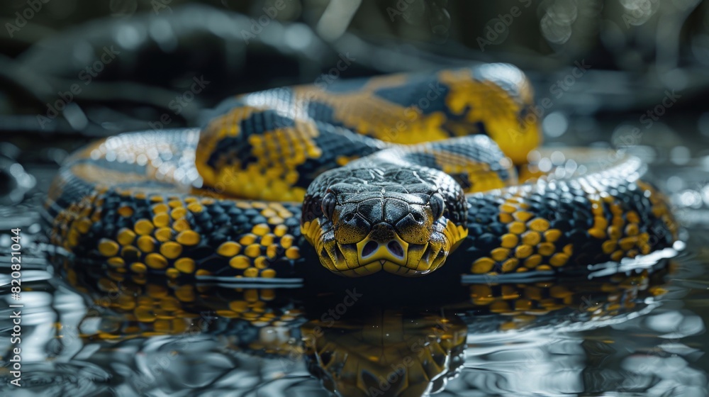 A yellow and black snake resting on a body of water. Suitable for wildlife and nature concepts A yellow and black snake resting on a body of water. Suitable for wildlife and nature concepts