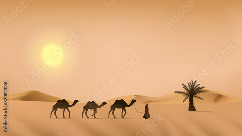 Realistic arabian or sahara desert landscape in bright daylight blue sky scenery with sun, palm tree and camel caravan for islamic eid adha or ramadan banner background, vector illustration.  
