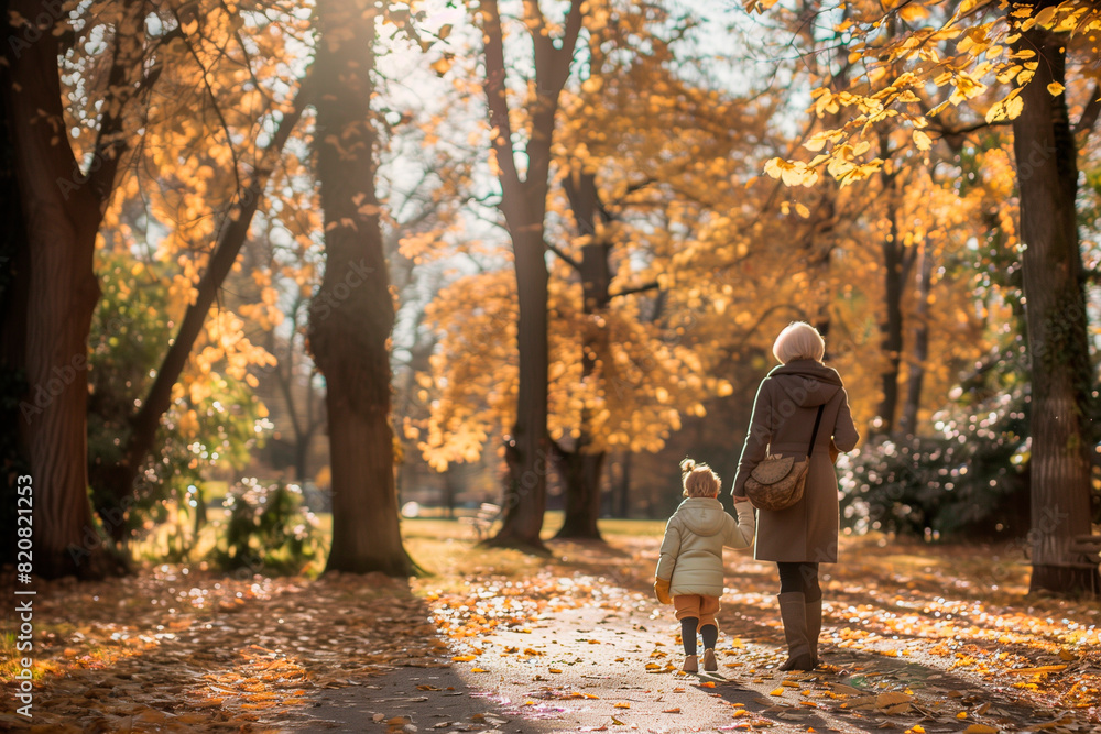 Fototapeta premium A woman and a child are walking in a park with leaves on the ground