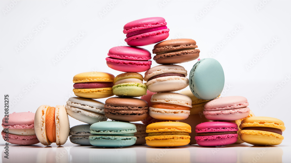 A vibrant array of assorted macarons hovering gracefully against a pristine, transparent background, showcasing their vivid colors and delicate textures. A vibrant array of assorted macarons hovering gracefully against a pristine, transparent background, showcasing their vivid colors and delicate textures.