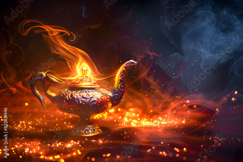 Mystical genie lamp with magical smoke on dark background photo