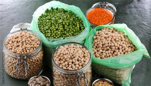 Different legumes. Mung beans  red and white beans  lentils  peas and chickpeas in wooden bowls on the light grey kitchen table closeup. Vegetarian food