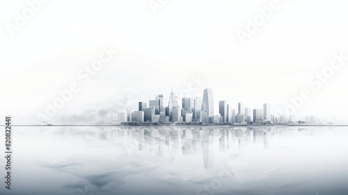 Serene Urban Horizon  A Foggy Cityscape with Towering Skyscrapers Reflecting on Calm Waters