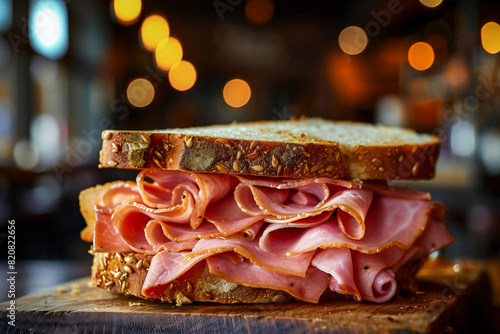 Deli ham sandwich on a wooden board with warm background. Generative AI image photo