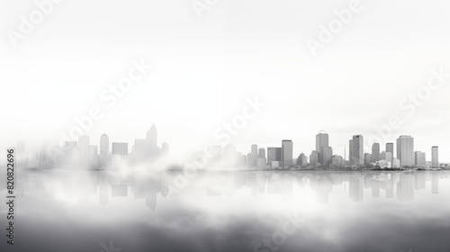 Misty Cityscape with Reflected Skyline in Calm Water photo