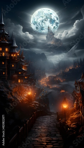 Halloween background with haunted castle and full moon. 3d illustration