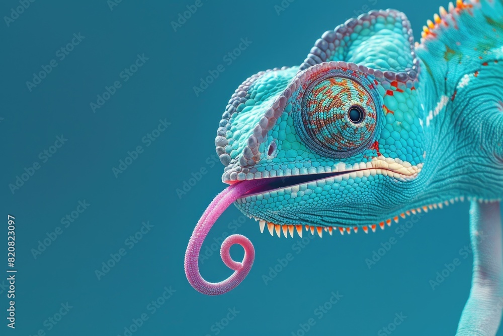 Fototapeta Close-up of a chameleon sticking out its tongue. Perfect for nature and wildlife themes
