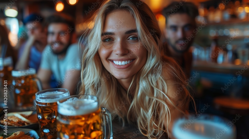 Smiling Woman with Friends at Beer Pub. Smiling woman with blonde hair enjoys beer with friends at a lively pub, surrounded by mugs of beer and warm lights. Smiling Woman with Friends at Beer Pub. Smiling woman with blonde hair enjoys beer with friends at a lively pub, surrounded by mugs of beer and warm lights.