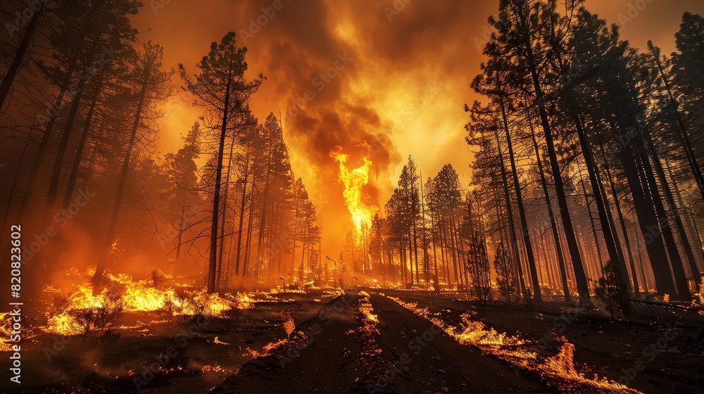 Forest burning in a wildfire with dramatic flames and thick smoke under an orange sky. Forest burning in a wildfire with dramatic flames and thick smoke under an orange sky.