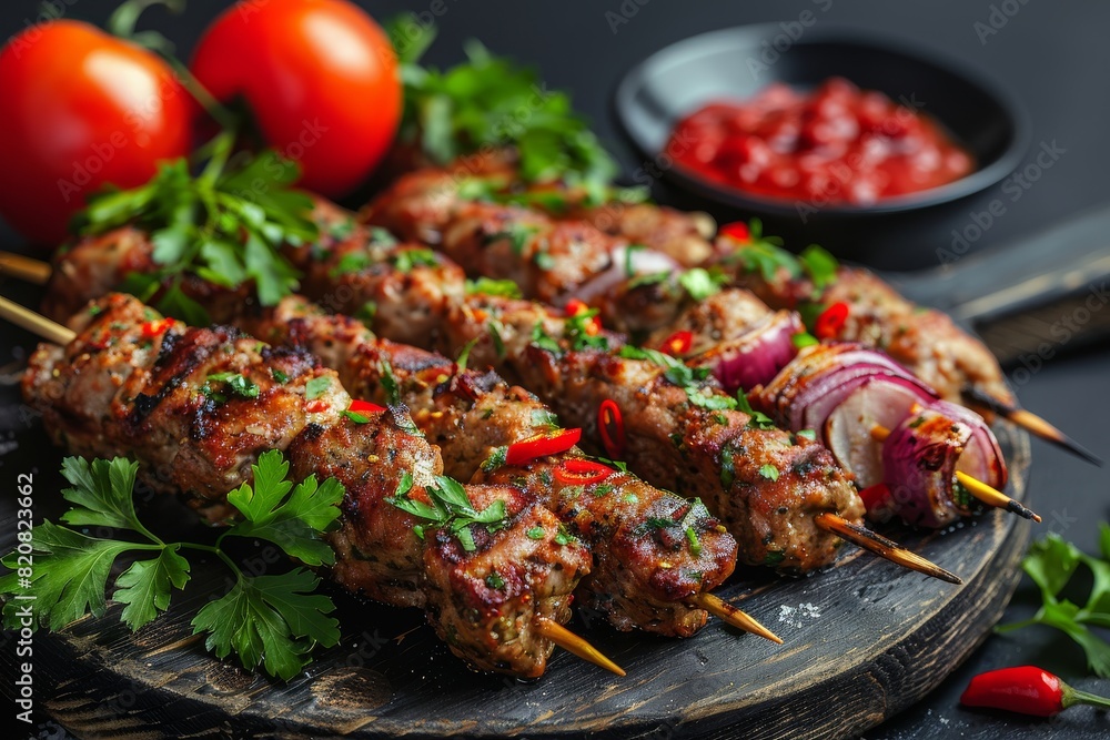 kebab with herbs and tomatoes, grilled meat skewers kebab with herbs and tomatoes, grilled meat skewers