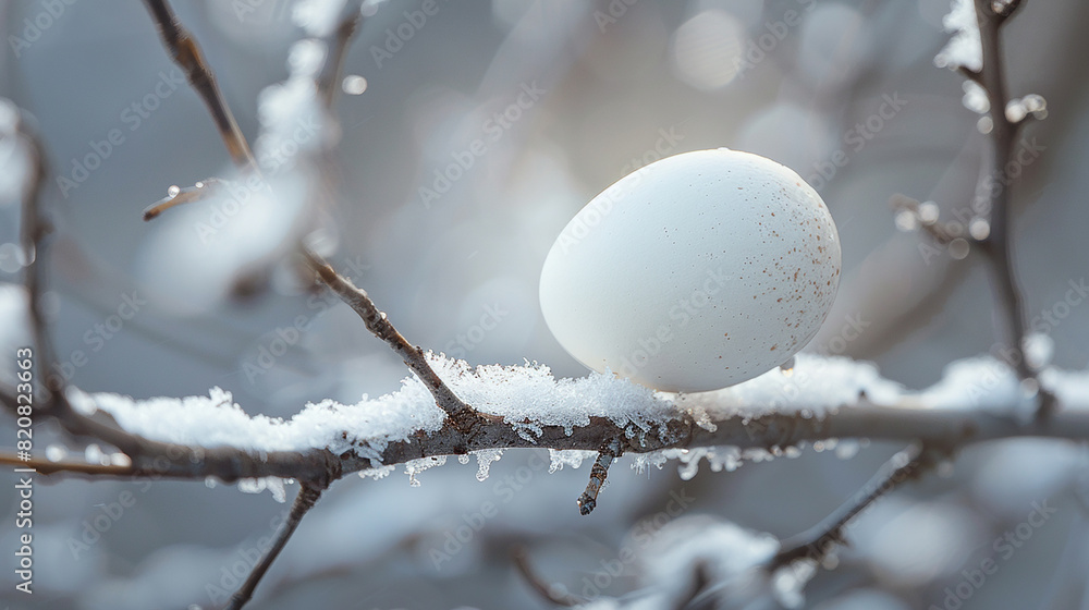 A solitary egg perched on a snow-covered branch.
