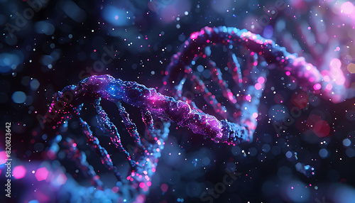 Close-up of a glowing DNA strand in neon pink and blue with a dark backdrop, featuring bokeh lights and abstract shapes, symbolizing advanced genetic technology. © AhmadTriwahyuutomo