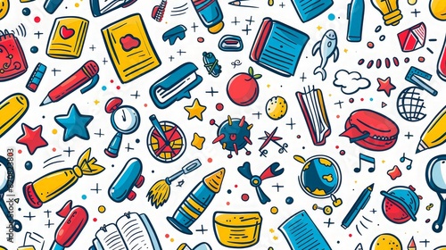 Seamless pattern of colorful doodle school icons and stationery on a white background.