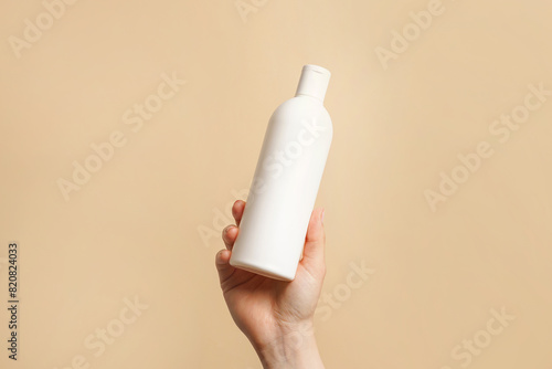 Hand holding white bottle of shampoo or hair conditioner on beige background, copy space