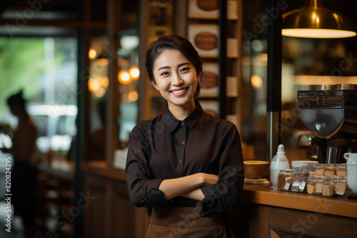 Confident Barista in Modern Cafe. Confident barista standing in a modern cafe, arms crossed, smiling, highlighting professionalism and a welcoming atmosphere.