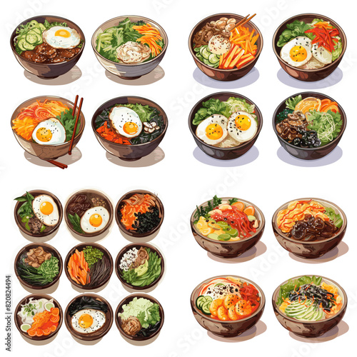 Delicious bowl illustrations of Korean bibimbap with vibrant toppings like eggs, vegetables, and meat, ideal for food designs, menus, or culinary projects.