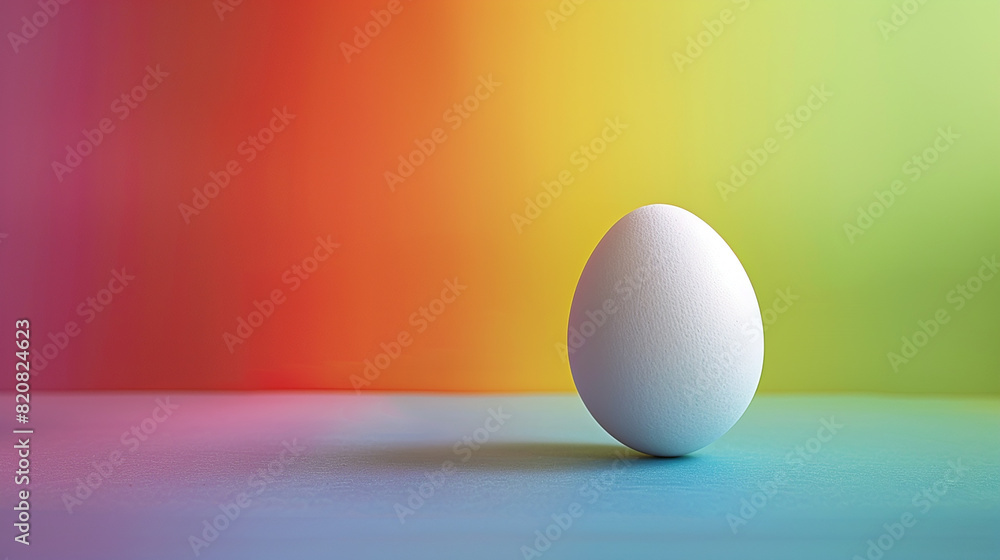 A white egg positioned in front of a vibrant rainbow gradient background.