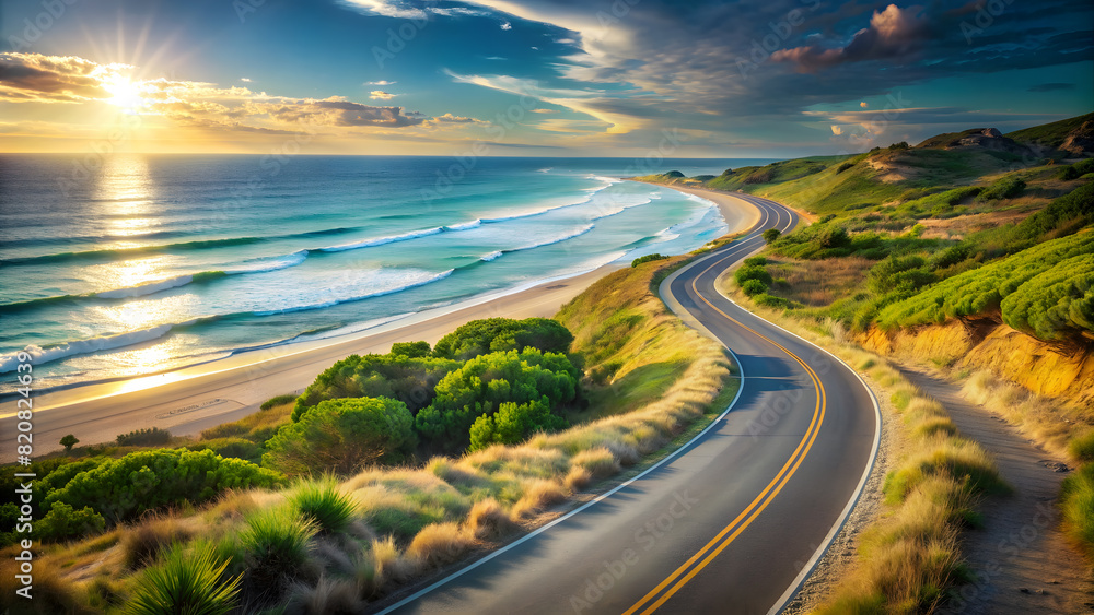 Summer Atmosphere: Winding Road and Beach in Golden Ratio Composition. Ideal for: Summer Vacation Posters, Travel Brochures, Beach Resort Advertisements, Coastal Road Trip Guides. Summer Atmosphere: Winding Road and Beach in Golden Ratio Composition. Ideal for: Summer Vacation Posters, Travel Brochures, Beach Resort Advertisements, Coastal Road Trip Guides.