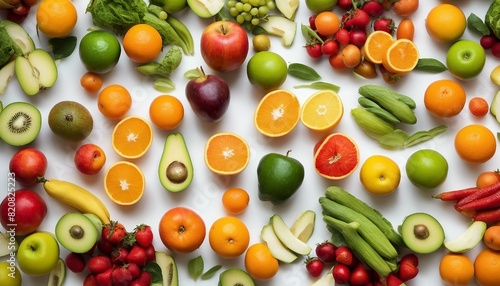 A vibrant display of assorted fruits and veggies on a white background  apples  oranges  limes  lemons  bananas  kiwis  avocados  and more  arranged appealingly  showcasing their freshness.