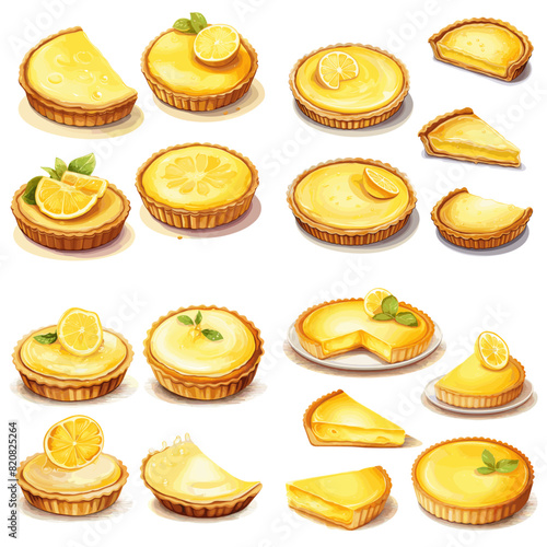 set of illustrations Lemon meringue pie on plate on grey wooden background