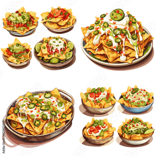 Plate of fresh nachos with a spicy jalapeno cheese sauce. vector illustraions