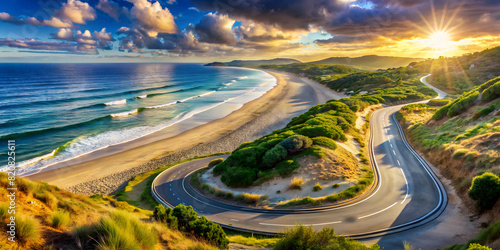 Summer Atmosphere: Winding Road and Beach in Golden Ratio Composition. Ideal for: Summer Vacation Posters, Travel Brochures, Beach Resort Advertisements, Coastal Road Trip Guides.