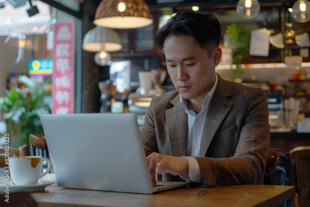 Businessman working on a laptop in a cafe with ambient lighting. Businessman working on a laptop in a cafe with ambient lighting.