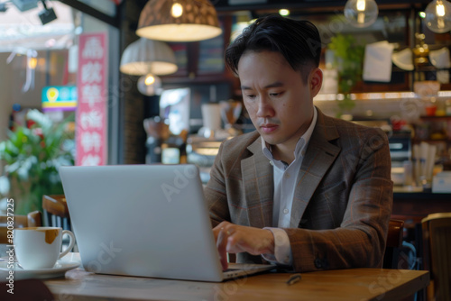 Businessman working on a laptop in a cafe with ambient lighting.