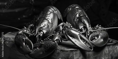 Two lobsters perched on a wooden surface. Ideal for seafood restaurant menus