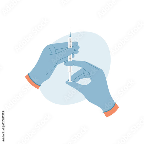 Doctor hands with syringe with vaccine. Nurse hand in medical gloves hold syringe and ampoule with medicine. Vaccination concept