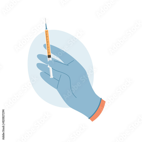 Doctor hand in rubber glove holding syringe with liquid for injection. Vaccination concept
